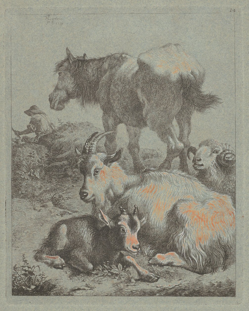 Cavalo, carneiro, cabrito com cabrito, à distância um pastor com rebanho, 1759. de Francesco Londonio