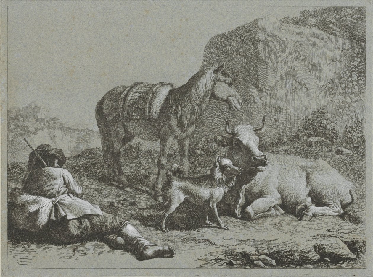 Pastor reclinado com cavalo, vaca e cachorro Cenas de pastor (título da série) de Francesco Londonio
