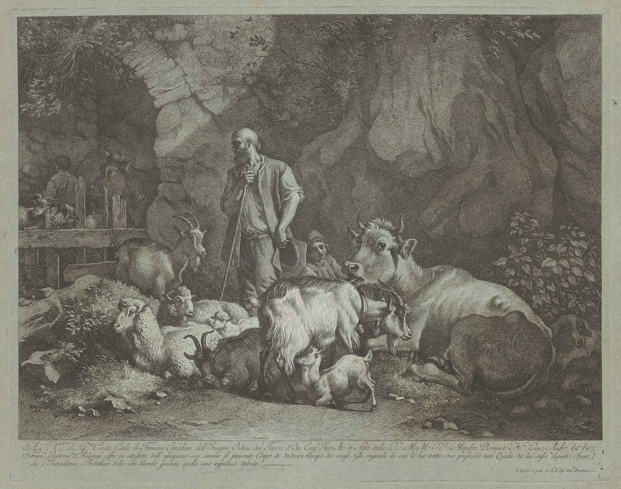 Pastor velho e careca, pastor sentado e rebanho, depois de 1766. de Francesco Londonio