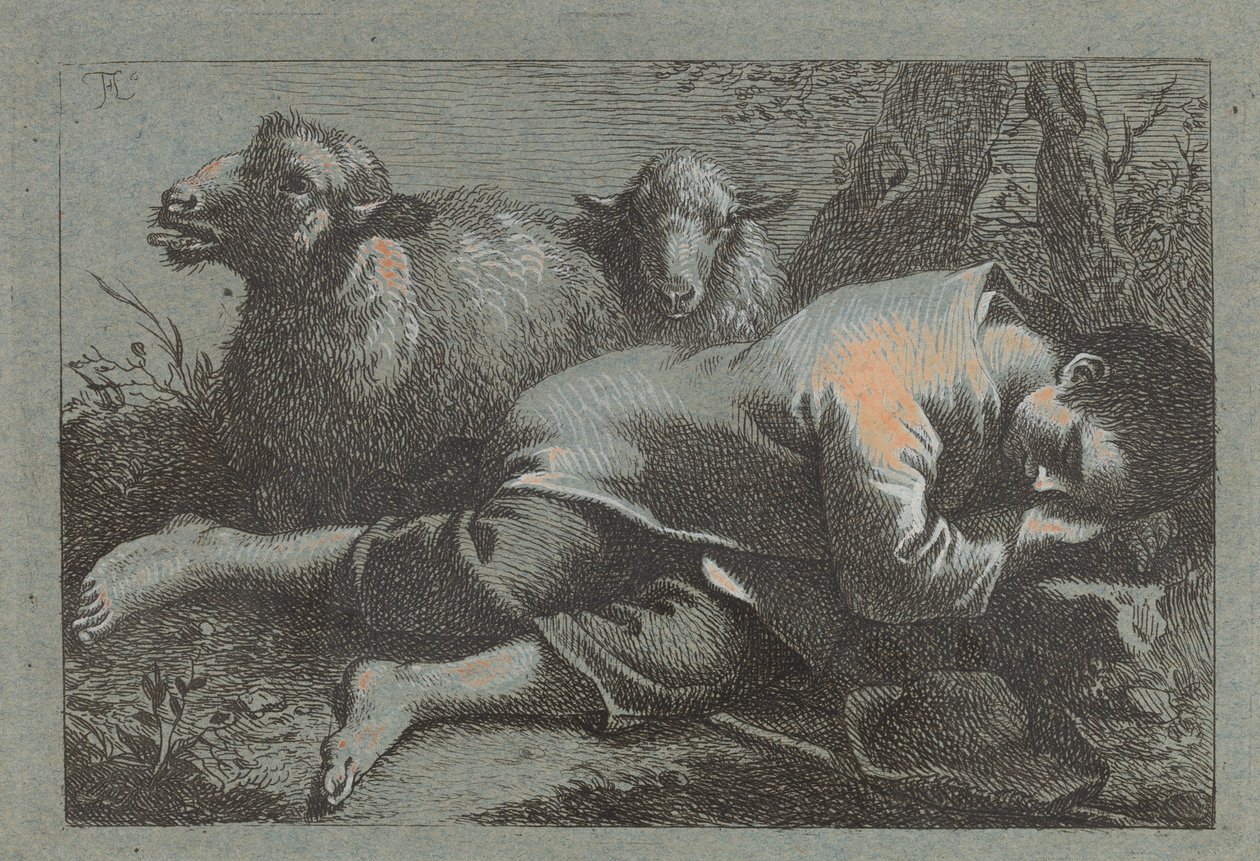 Camponês dormindo perto de Duas Ovelhas, 17581759. de Francesco Londonio