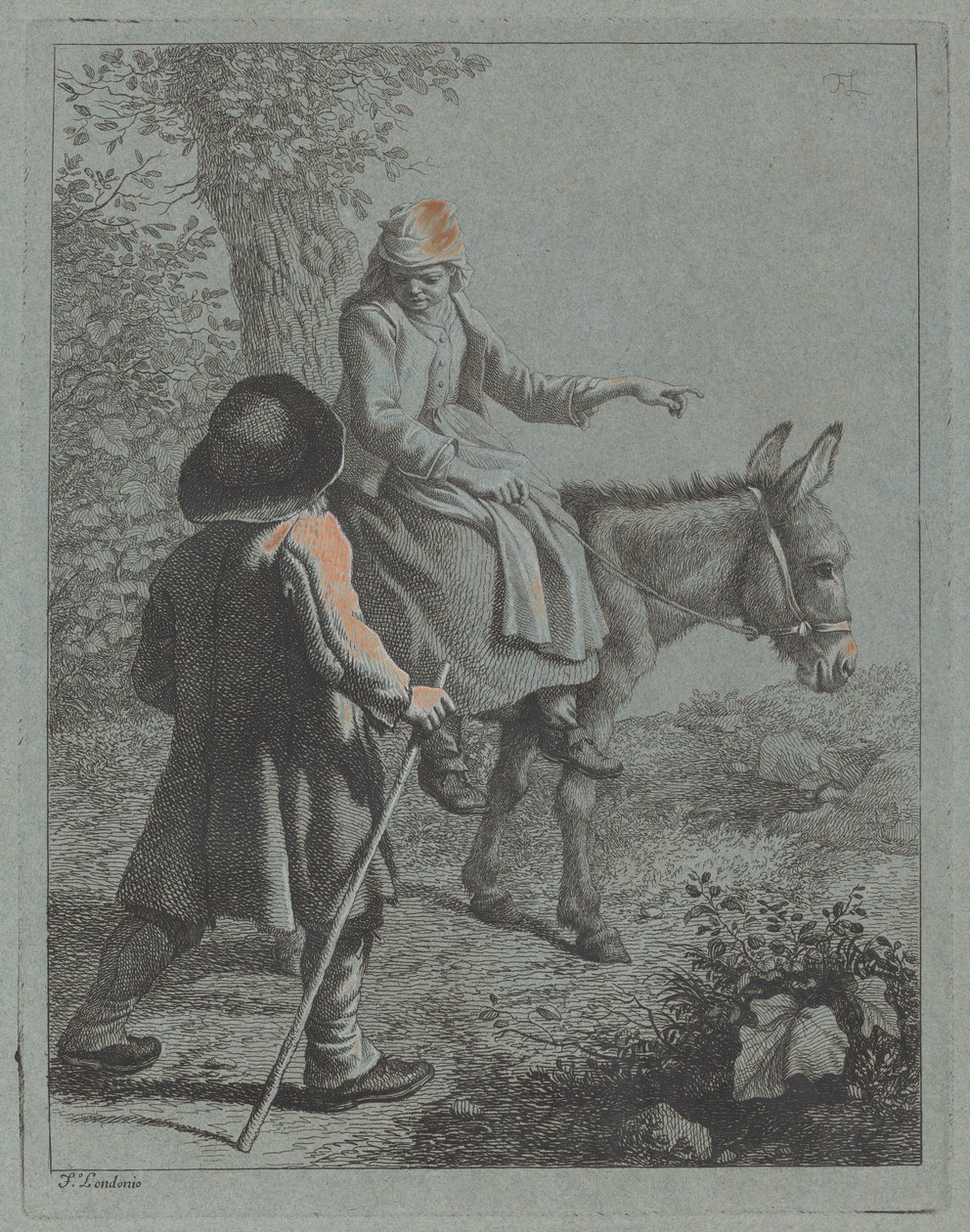 Mulher camponesa sentada em um burro e um homem camponês. de Francesco Londonio