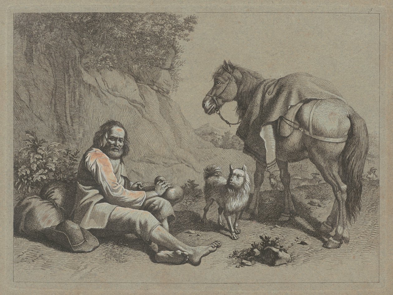 Velho sentado prestes a beber de uma cabaça, c. 1763. de Francesco Londonio