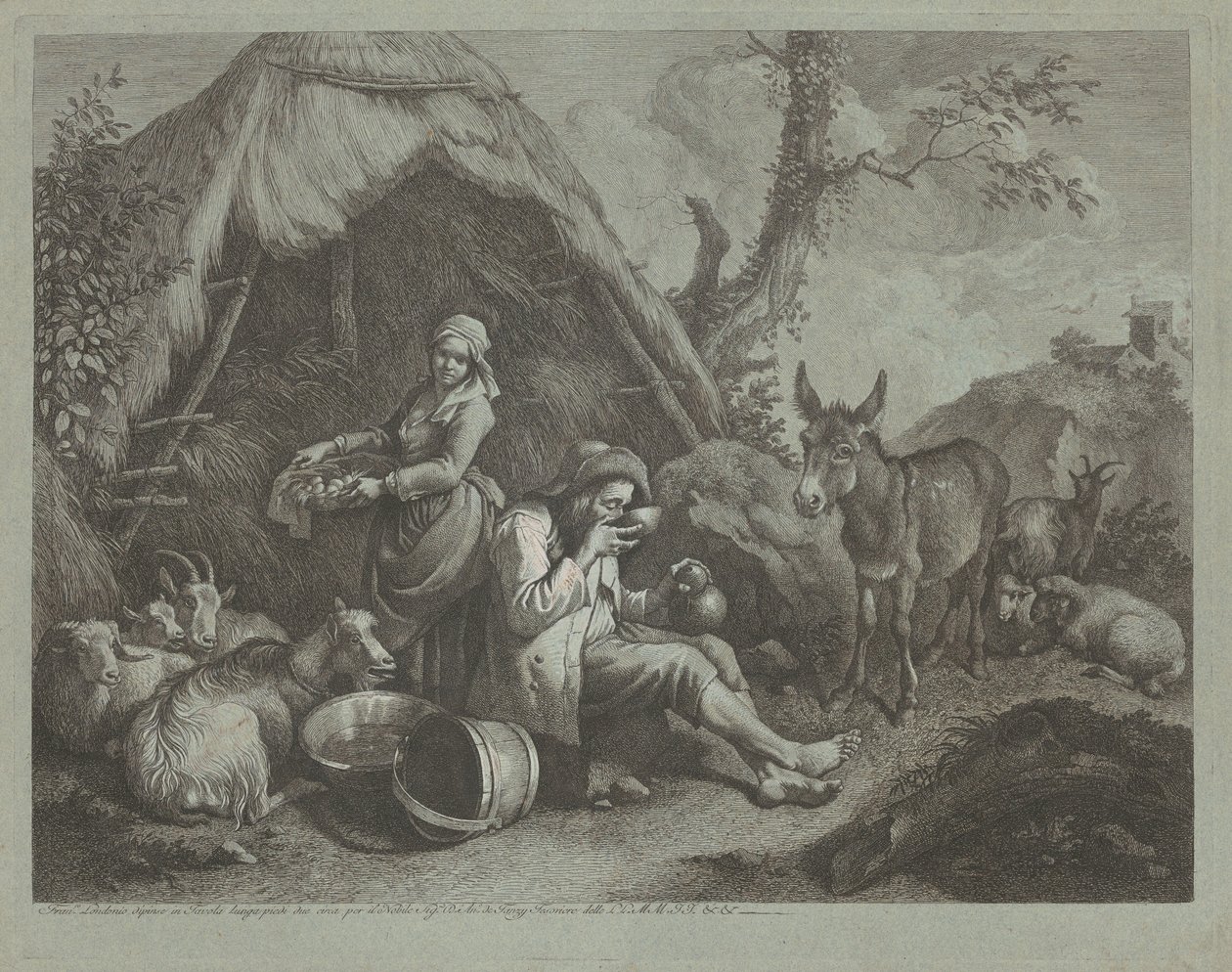 Velho sentado e mulher com uma cesta de ovos, 17591782. de Francesco Londonio