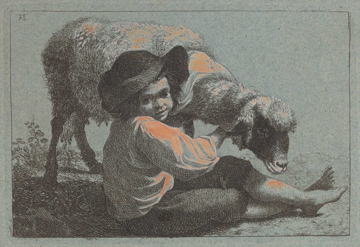 Camponês sentado segurando uma ovelha de Francesco Londonio