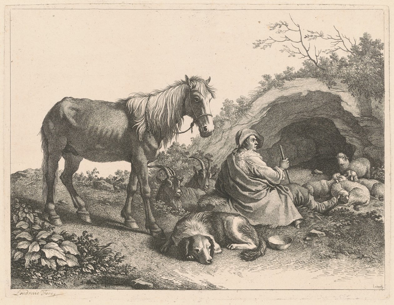 Pastor sentado com cavalo, cachorro, cabras e ovelhas de Francesco Londonio