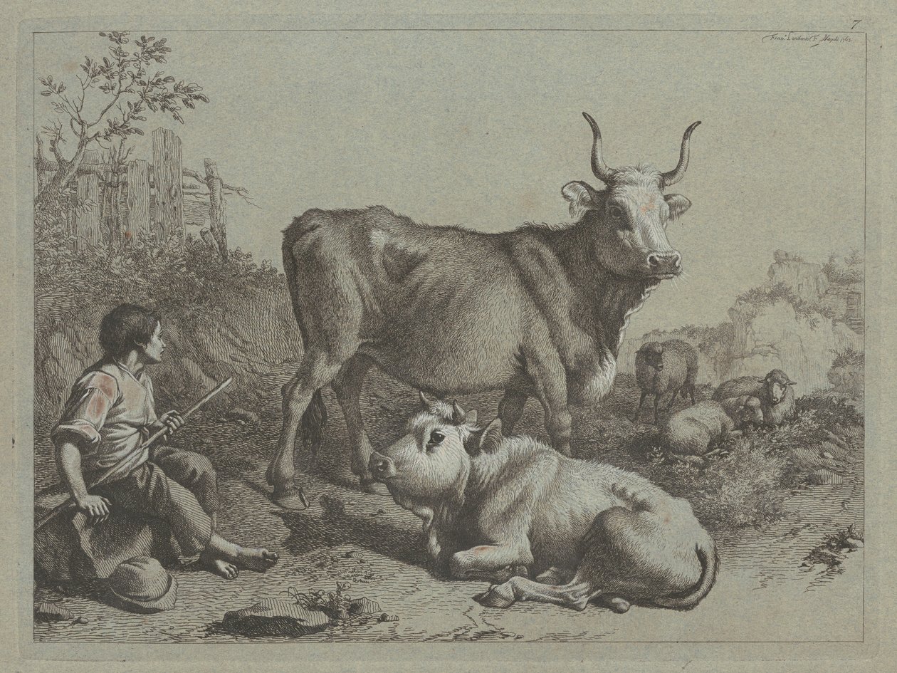 Pastor sentado com um touro e um boi, 1763. de Francesco Londonio