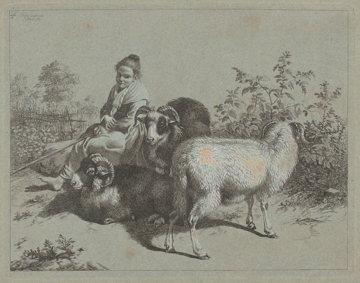Pastora sentada com três carneiros, 1762. de Francesco Londonio