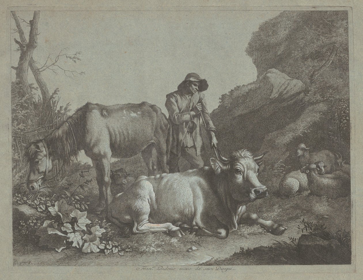 Pastor descansando em uma bengala com um cavalo velho e um touro reclinado, depois de 1767. de Francesco Londonio