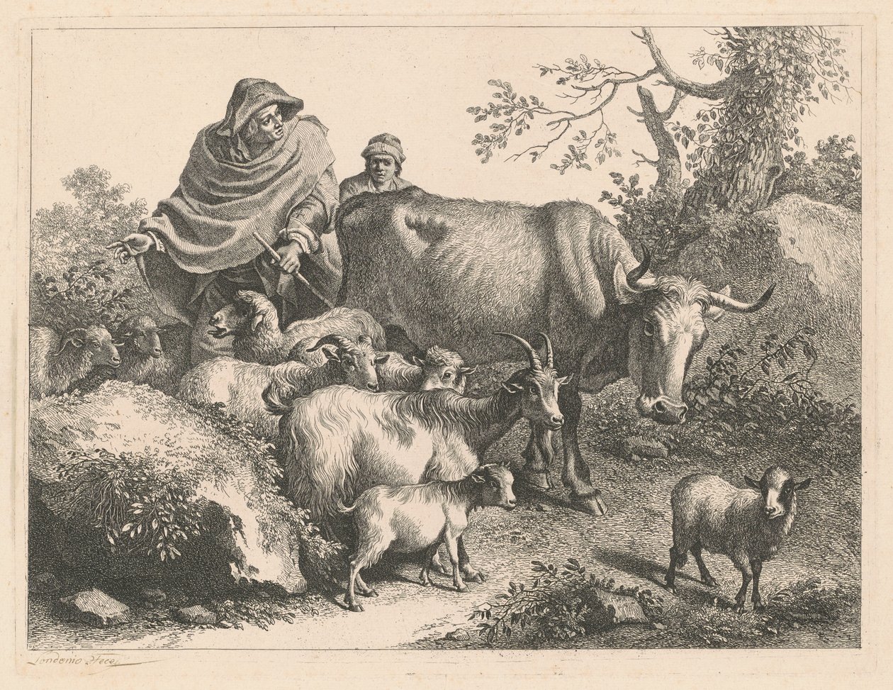 Pastor vestindo uma capa dirigindo um rebanho, depois de 1776. de Francesco Londonio