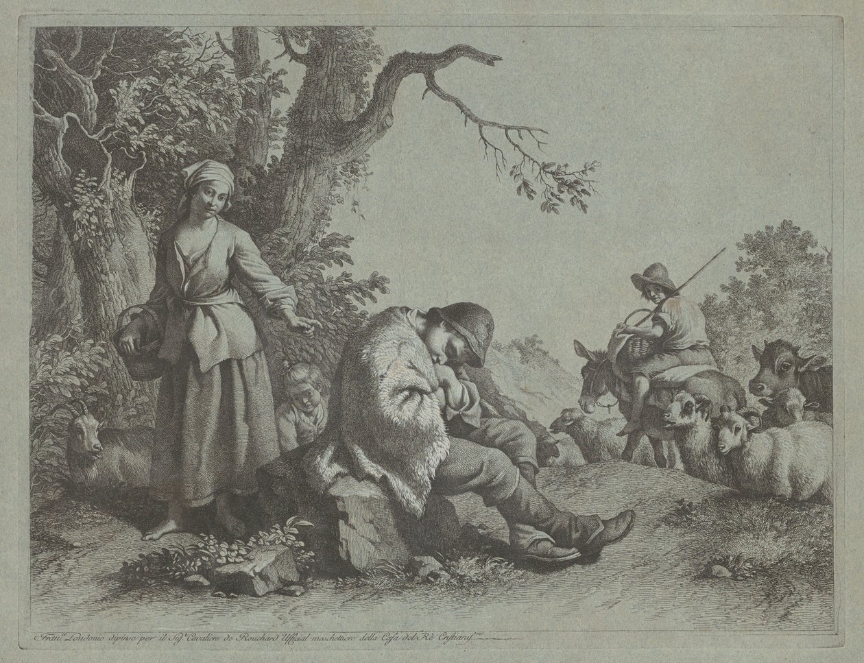 Pastor dormindo menino e mulher com uma criança, 17591782. de Francesco Londonio