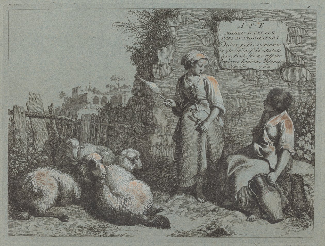Duas garotas conversando: uma em pé e girando, 1764. de Francesco Londonio