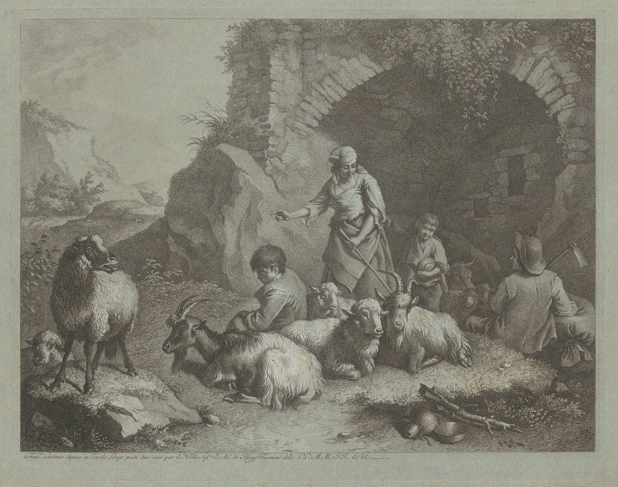 Mulher, pastores e ovelhas perto de um arco, 17591782. de Francesco Londonio