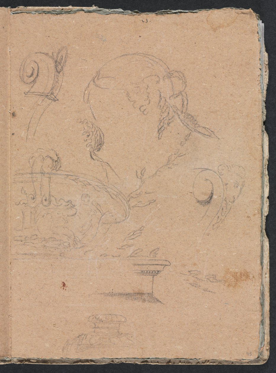 Verona Sketchbook: motivos arquitetônicos com cabeça feminina, página 45, 1760. de Francesco Lorenzi