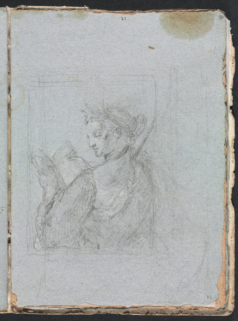Verona Sketchbook: Figura feminina com livro aberto, página 63, 1760. de Francesco Lorenzi