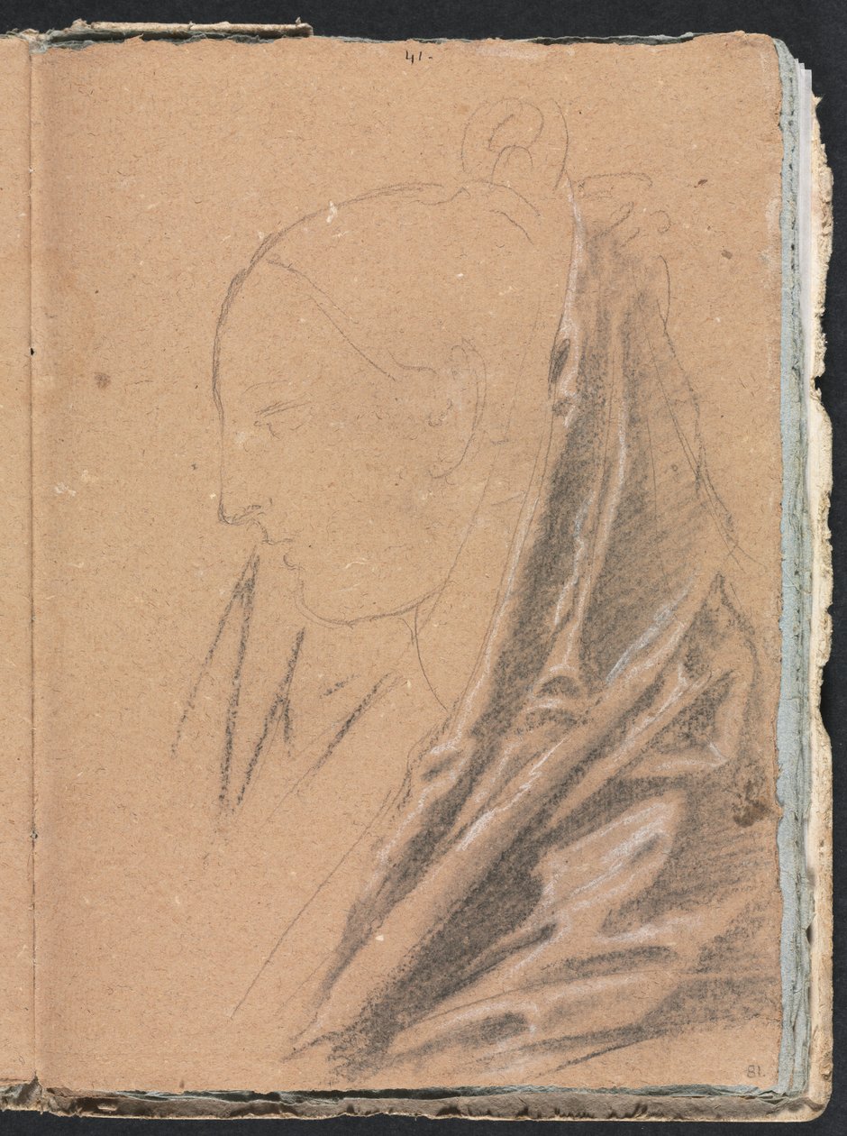Verona Sketchbook: Cabeça feminina com cortinas, página 81, 1760. de Francesco Lorenzi