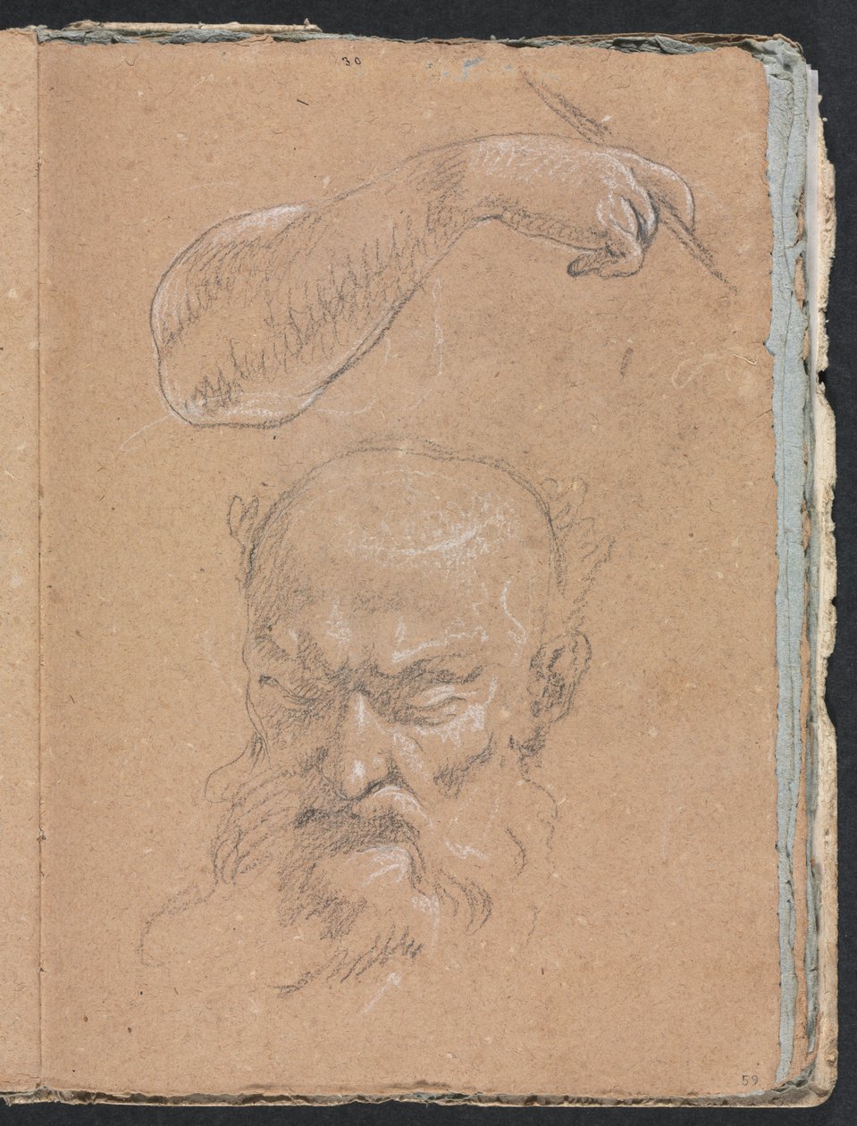 Verona Sketchbook: Cabeça de um homem barbudo, braço e mão direito, página 59, 1760. de Francesco Lorenzi