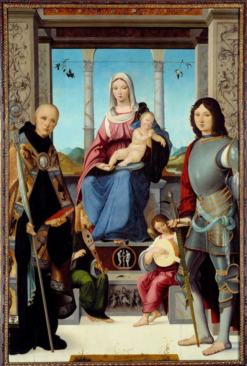 A Virgem e o Menino Rodeados por São Bento de Nursie e São Quintino com Dois Anjos Pintura de Francesco Marmitta (conhecido entre 1496 e 1504) Sol do século XV. 2,2x1,38 m de Francesco Marmitta