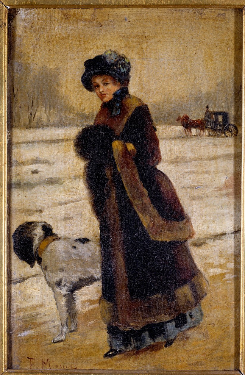 Jovem mulher com um cão Jovem burguesa usando um pêlo e uma manga. Pintura de Francisco Miralles Galup (1848-1901) Coleção Particular do século XIX de Francesco Miralles Galaup