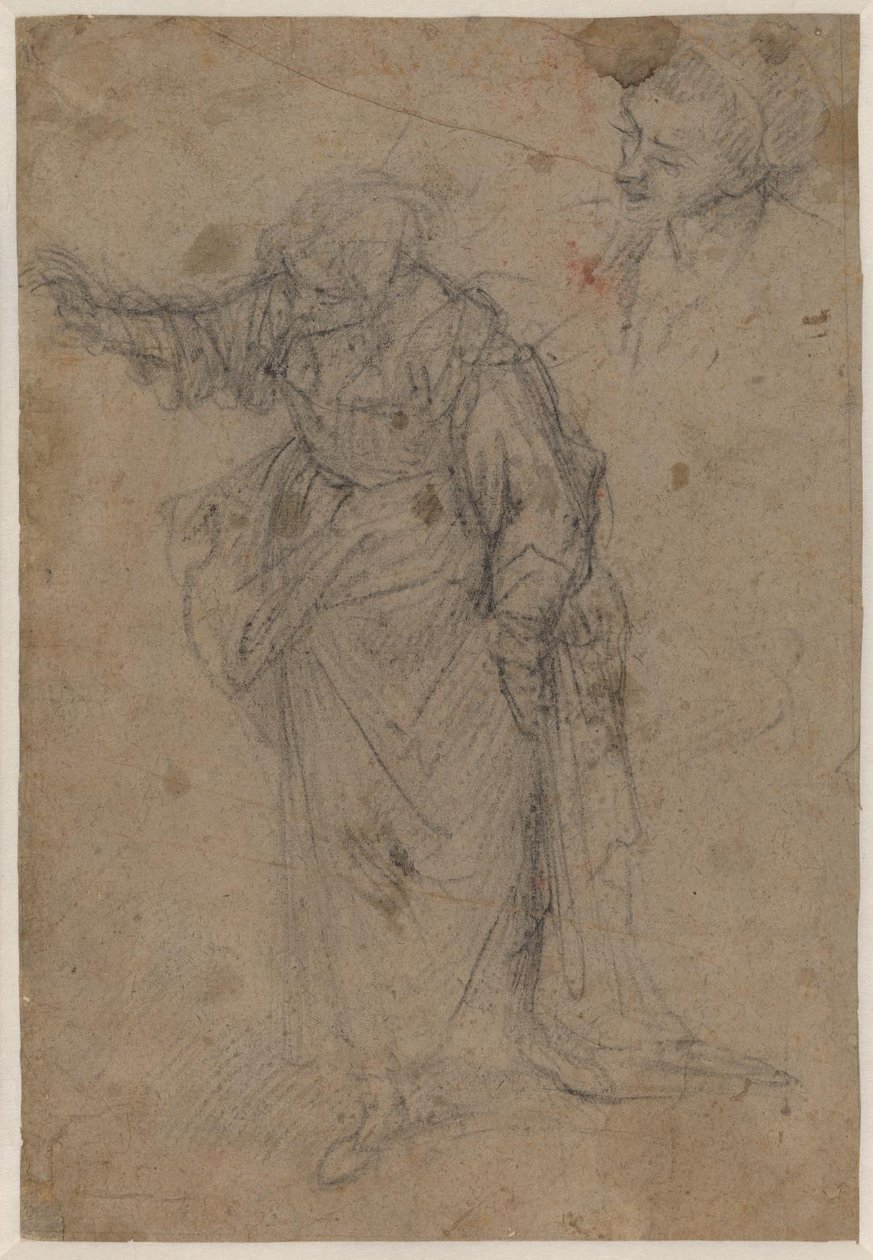 Mulher em pé, fortemente drapeada, virada para a direita e olhando para baixo com o braço direito esticado e um esboço para uma cabeça de Francesco Montelatici