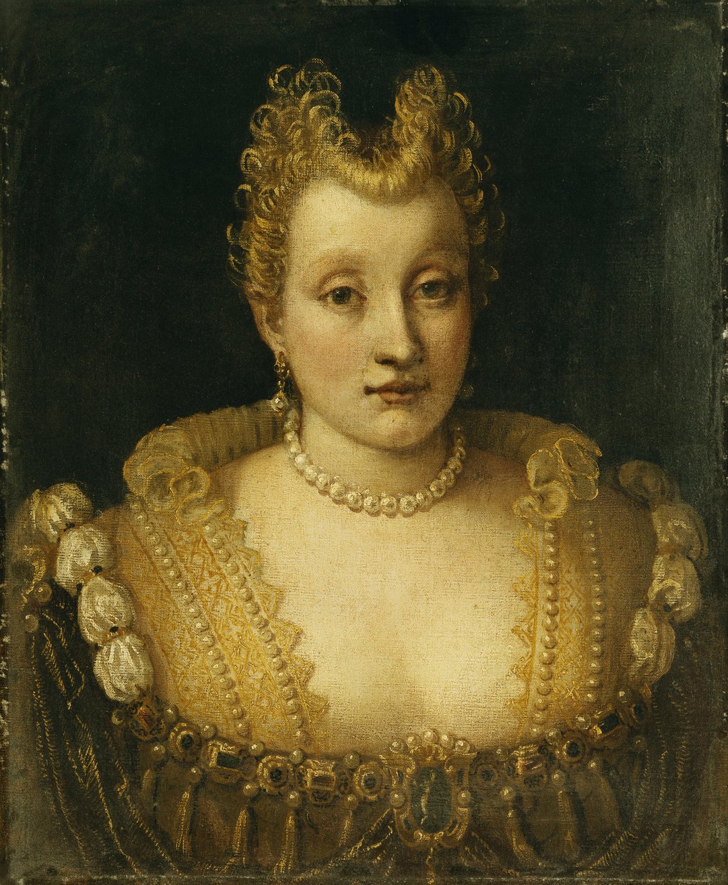 Retrato de uma senhora dita ser da família Contarini, comprimento do busto, usando um vestido elaborado com jóias e um colar e brincos de pérolas, de Francesco Montemezzano