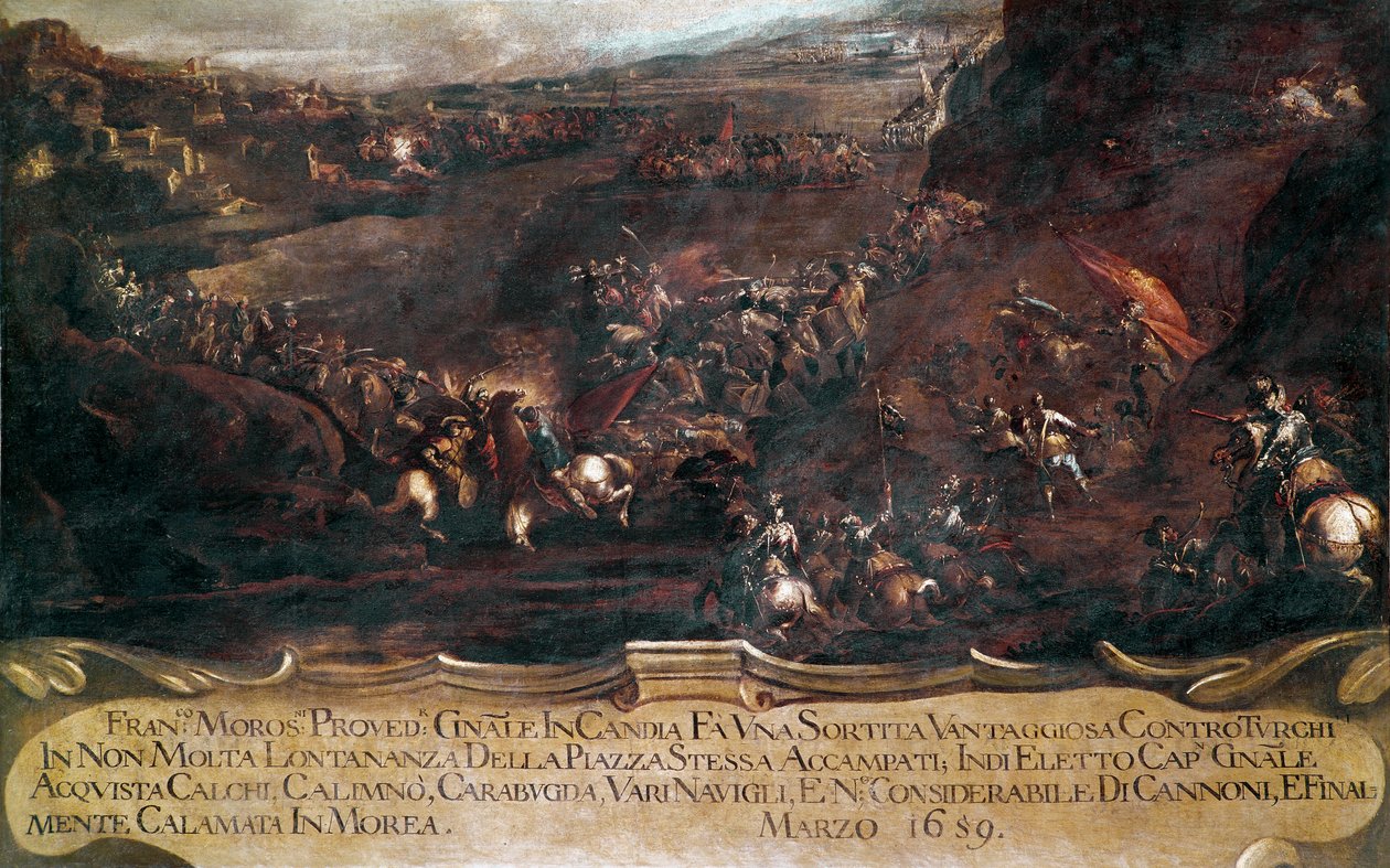 Guerra da Candia (Creta):: "batalha entre a frota veneziana de Francesco Morosini (1619-1694) e a frota turca em 1659" (Guerra Cretana (1645-69): a batalha entre a frota veneziana e turca em 1659) Pintura de Francesco Monti dit il Brescianino delle de Francesco Monti