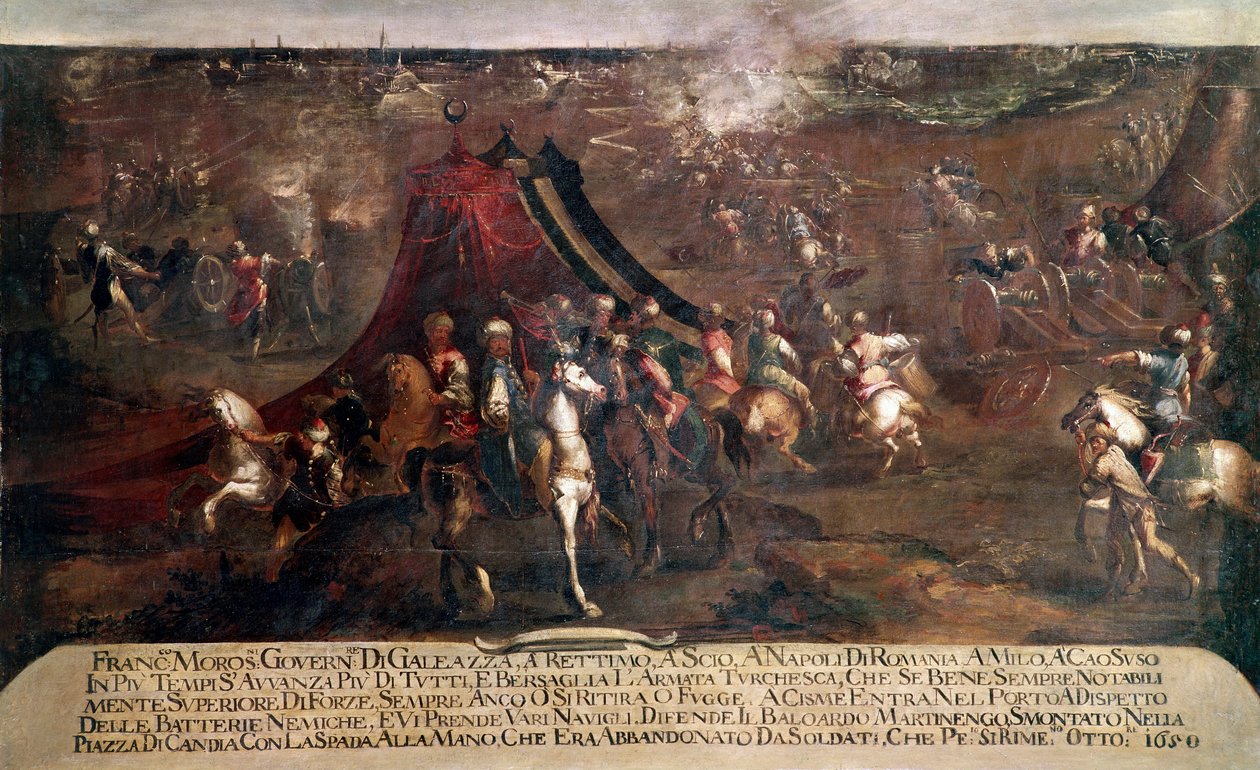 Guerra da Candia (Creta): "batalha entre a frota veneziana de Francesco Morosini (1619-1694) e a frota turca em fuga em 1650" (Guerra Cretana (1645-69): a batalha entre a frota veneziana e turca em 1650) Pintura de Francesco Monti dit il Bresciani de Francesco Monti