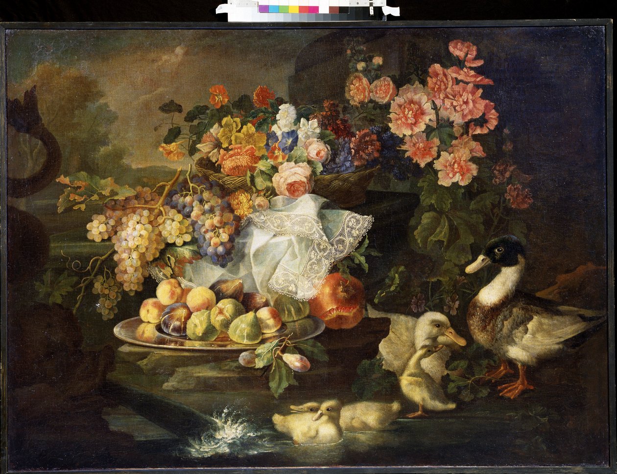 Natureza morta com flores e um pato. Natureza morta com frutas e patos. Pintura de Francesco Morosini (meados do século XVIII). Óleo sobre tela. Arte italiana, estilo barroco. Museu de Arte Mikhail Kroshitsky, Sevastopol (Sevastopol) Ucrânia de Francesco Morosini