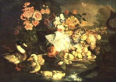 Ainda vida de frutas e flores com um pato, Drake e patinhos de Francesco Morosini