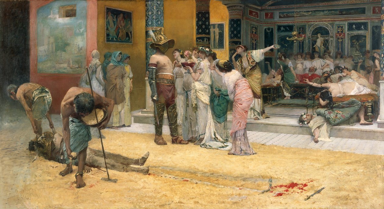 Combate Gladiatorial durante um jantar em Pompéia de Francesco Netti