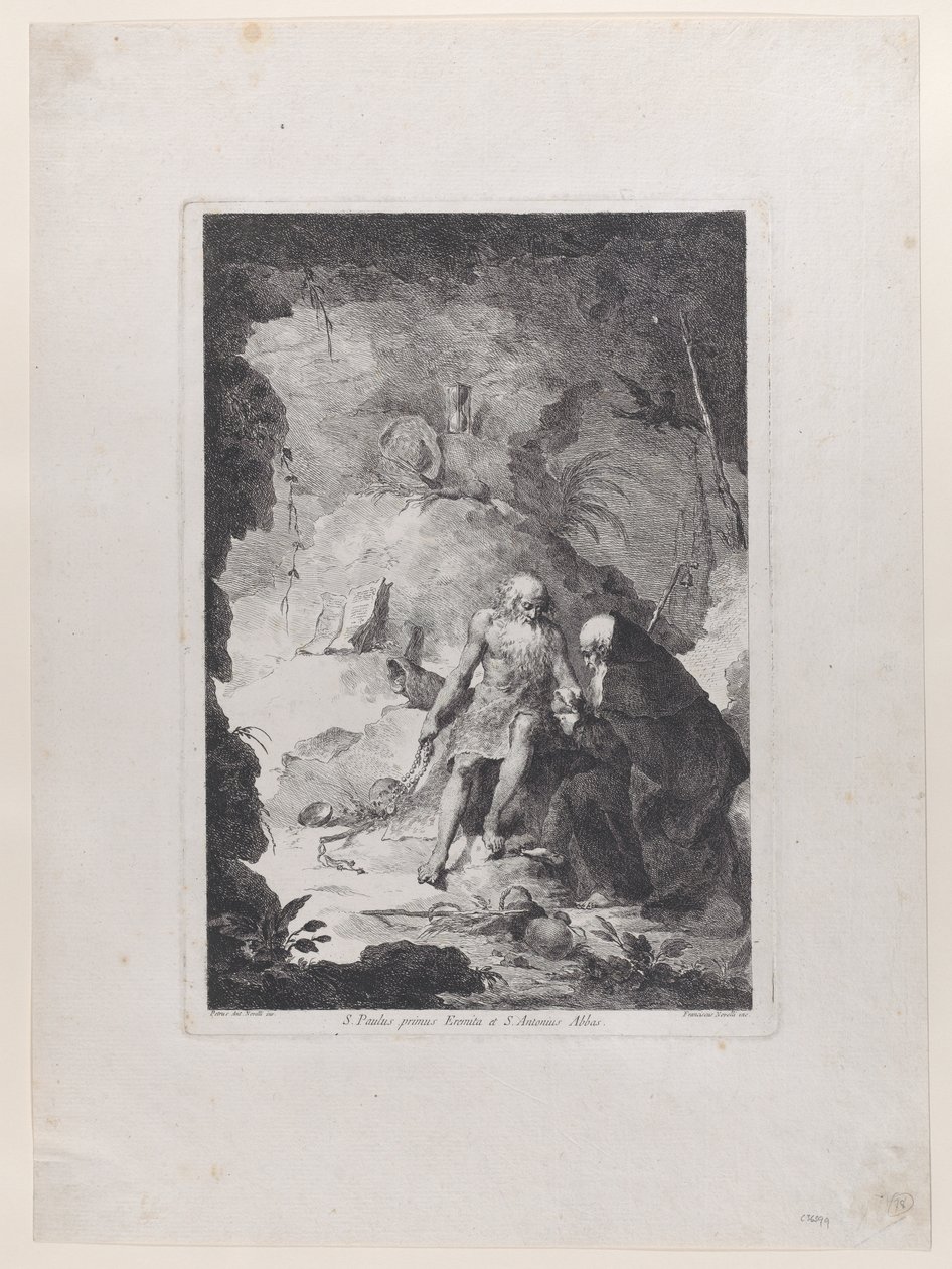 São Paulo Eremita e Santo António Abade conversando numa paisagem, depois de Pi..., ca. 1784-1836. de Francesco Novelli