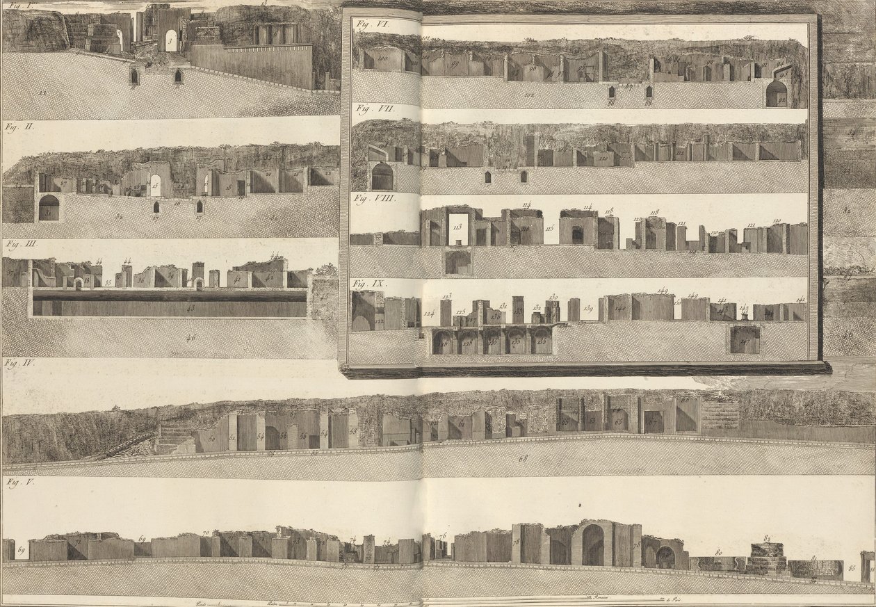 Cortes transversais, que mostram os diferentes aspectos dos edifícios mostrados na planta de Pom..., 1804. de Francesco Piranesi