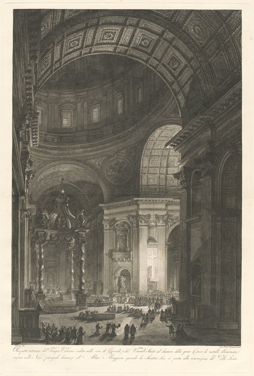 Interior da Basílica de São Pedro, com a Iluminação da Cruz de São Pedro de Francesco Piranesi