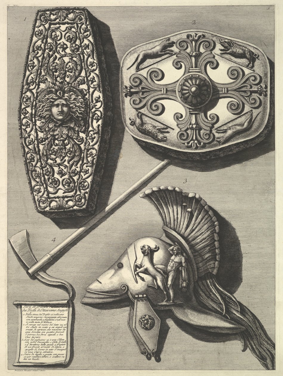Peças em grande restaurado de Trofei de Ottaviano Augusto Detalhes restaurados da Tro ..., ca. 1753 de Francesco Piranesi