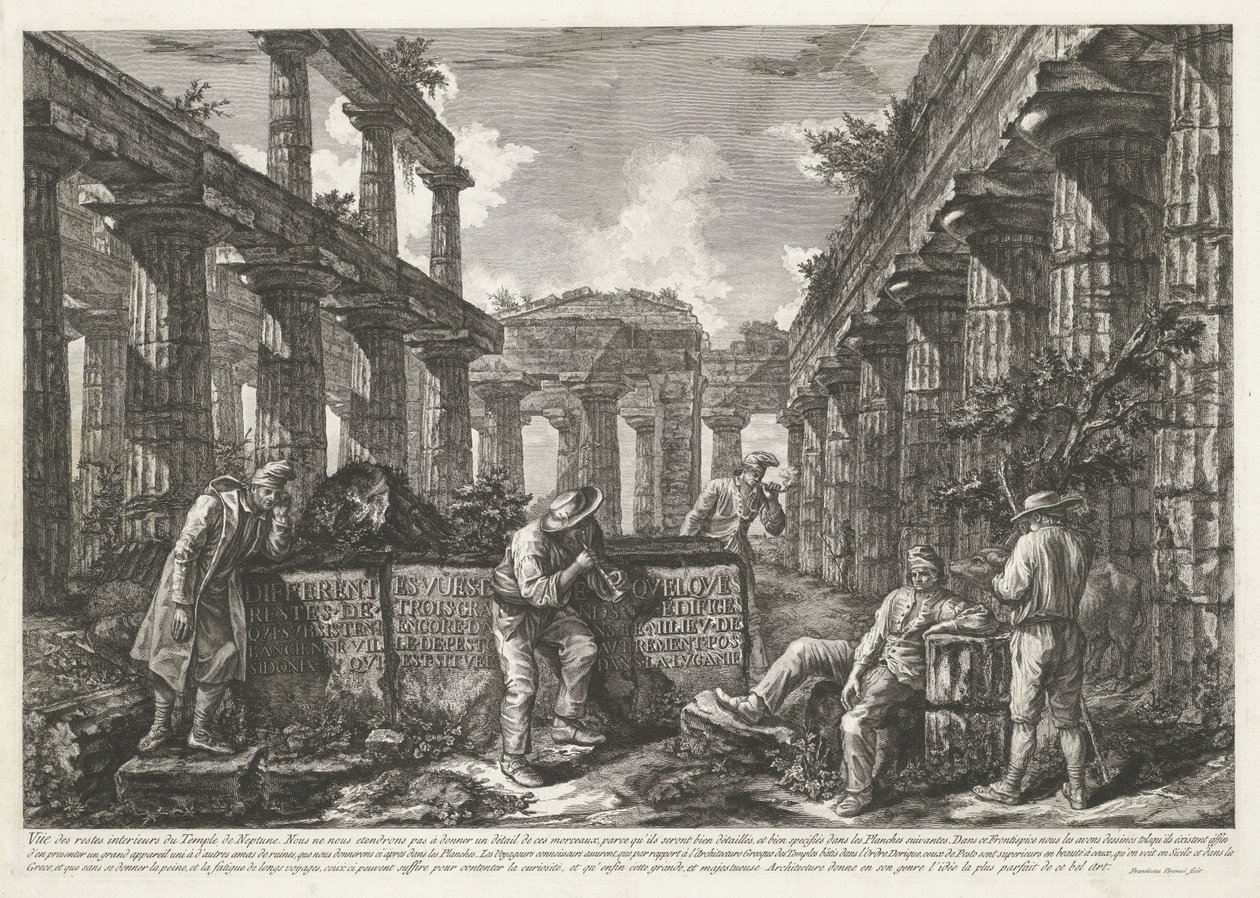 Impressão do título com restos do Templo de Netuno em Paestum com título em blocos Diferentes vistas dos restos de três grandes edifícios ainda de pé em Paestum (título da série) Différentes vues de quelques restes de trois grands édifices qui de Francesco Piranesi