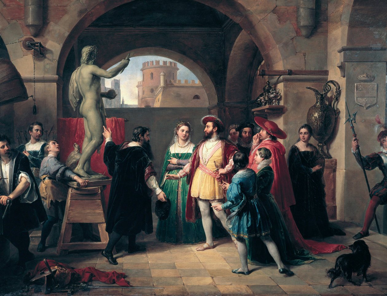O rei francês Francisco I (1494-1547) visita a oficina de Buenvenuto Cellini (1500-1571) em Roma. O pintor apresenta ao rei uma escultura de São João Evangelista. Roma, Galleria Nazionale d