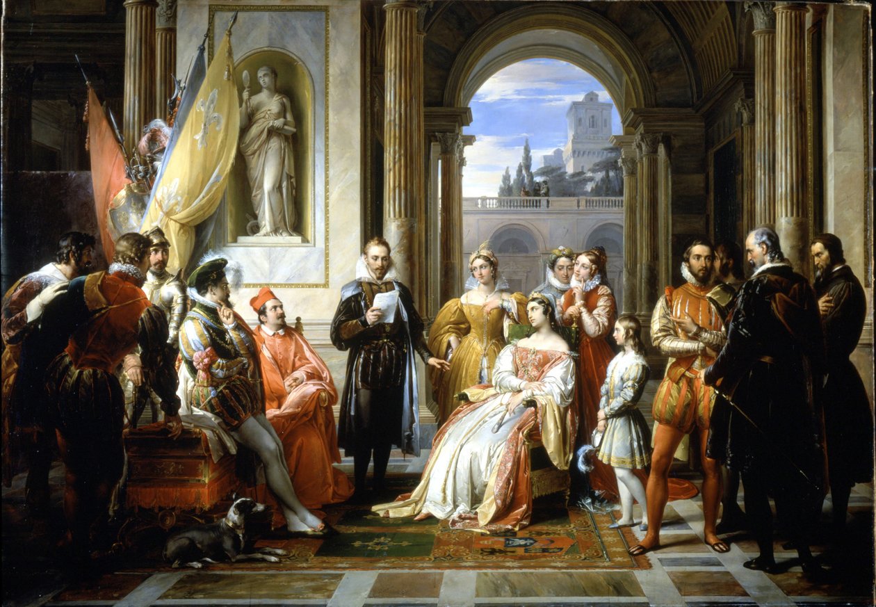 Torquato Tasso (Le Muche) lendo sua Jerusalém delivree (La gerusalemme liberata) na corte de Ferrara. Pintura de Francesco Podesti (1800-1895) de Francesco Podesti