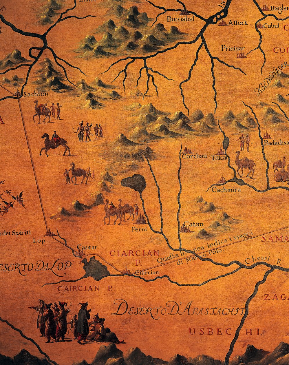 Detalhe da rota de Marco Polo através do deserto oriental, mapa de Tartary de Francesco and Ramusio Giovan Battista Grisellini