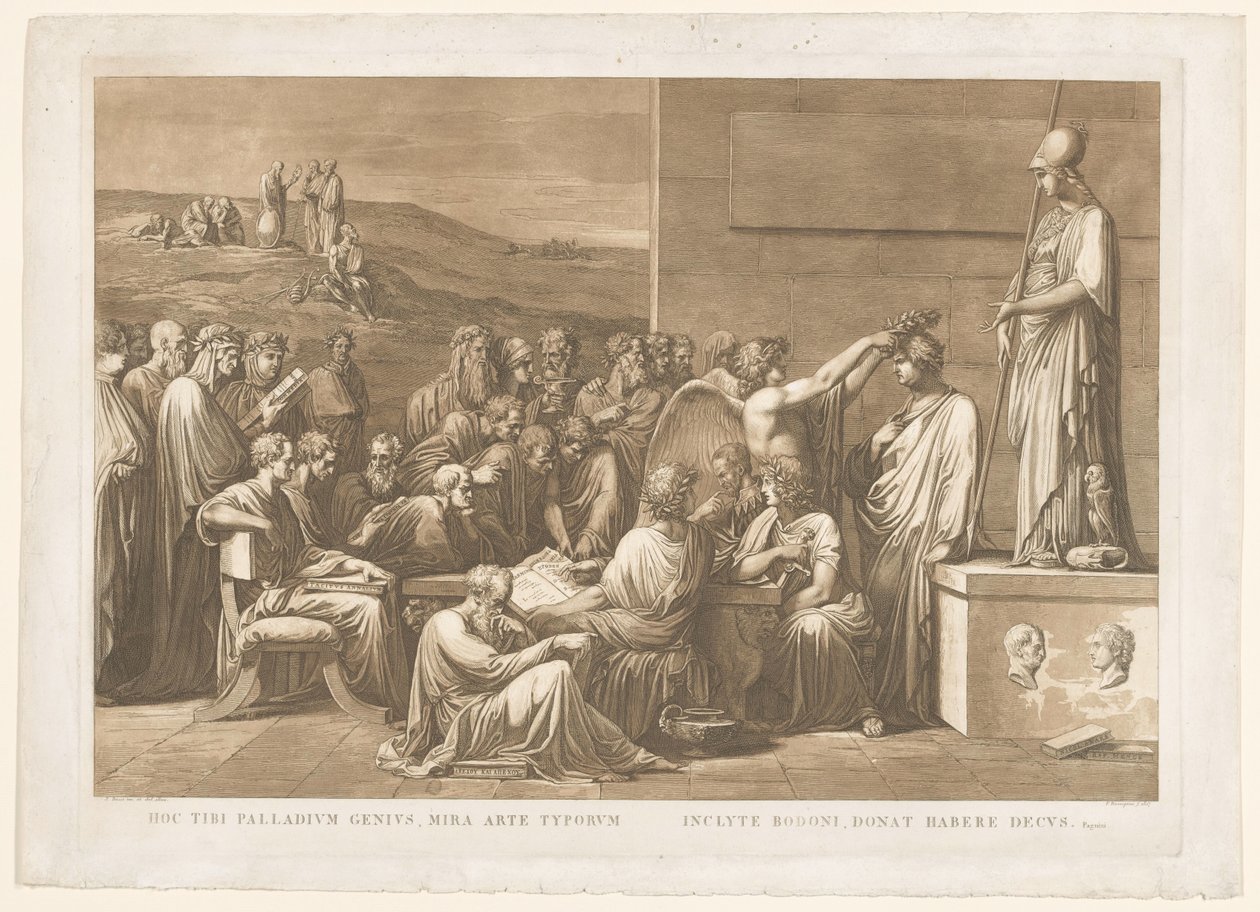Allegorische verheerlijking van de boekdrukker Giovanni Battista Bodoni Este gênio do paládio, a maravilhosa arte dos tipos / o famoso Bodoni, lhe dá a honra de ter (título no objeto) de Francesco Rosaspina
