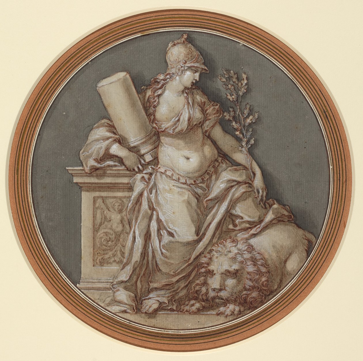 Alegoria da fortaleza (caneta e tinta castanha com lavagem cinzenta e castanha, com guache branco, sobre giz preto) de Francesco Rosaspina