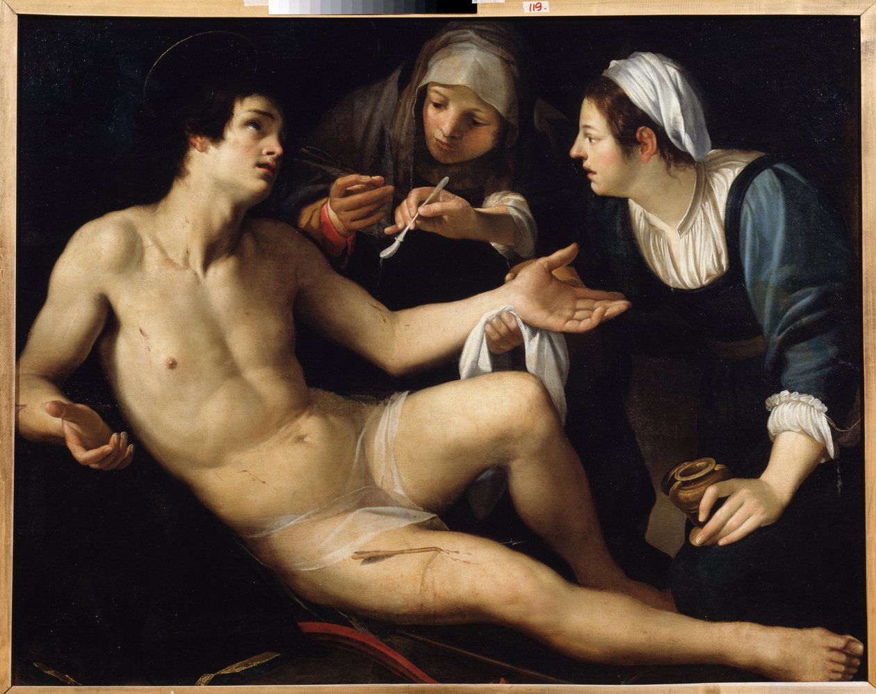 São Sebastião. Ele é curado das suas feridas por uma jovem viúva, Santa Irene. Pintura por Francesco Rustici (ca. 1575-1626). Óleo sobre tela, 119 x 148 cm. Arte Sienesa, Maneirismo Italiano. Museu Estatal de Arte, Yekaterineburg. de Francesco Rustici