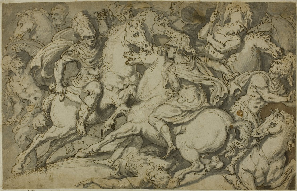 Escaramuça de cavalaria (frente); Ecorché ajoelhado (verso) de Francesco Salviati