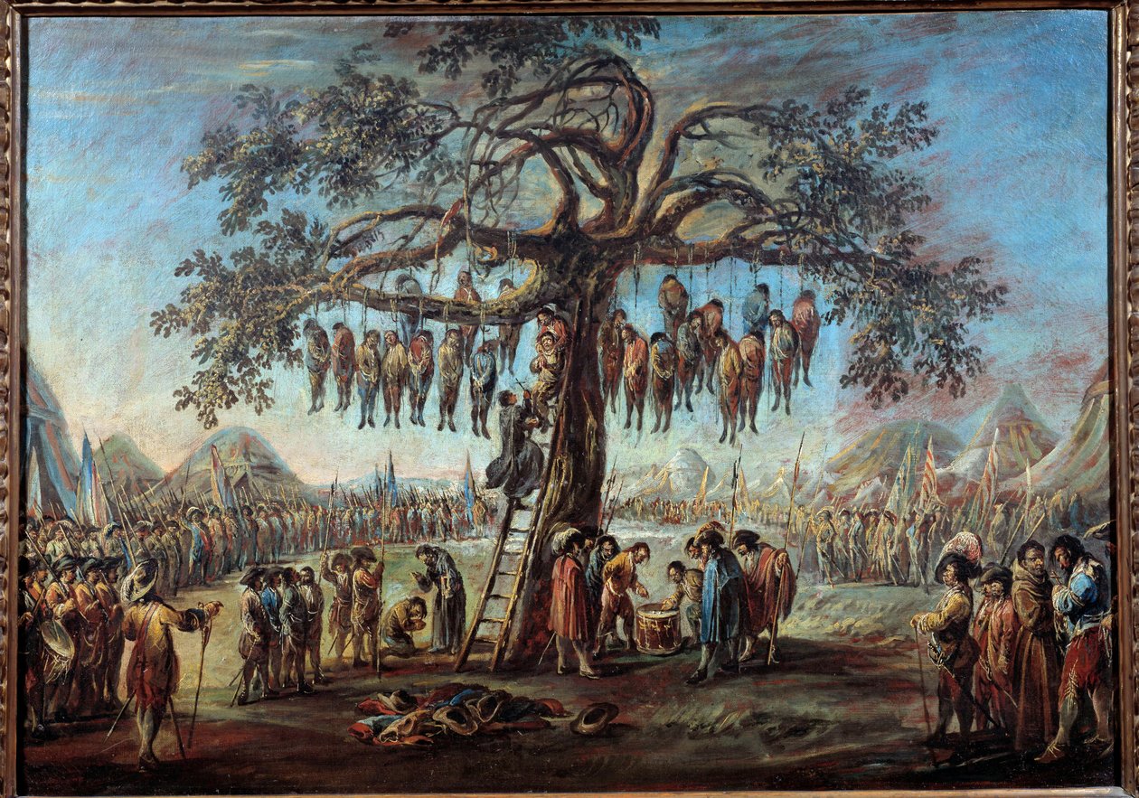 A árvore enforcada Um espectáculo macabro representando condenados que vão torturar pendurados nos ramos de uma árvore. Ilustração inspirada numa gravura da série "Les miseres de la guerre" de Jacques Callot (1592-1635). Pintura de Francesco Simonini ( de Francesco Simonini