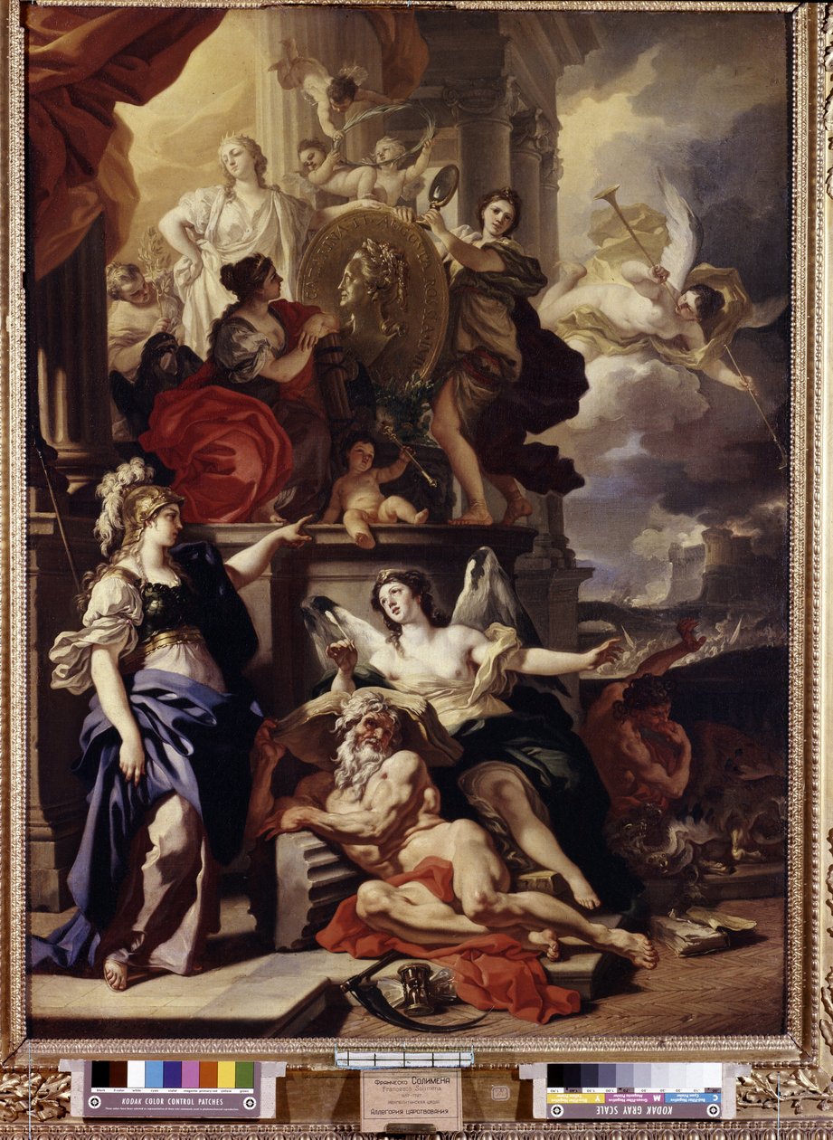 Alegoria do reinado. O medalhão no centro representa o rosto da Rainha Catarina II da Rússia (1729-1796). Pintura de Francesco Solimena (1657-1747). Óleo sobre tela de Francesco Solimena