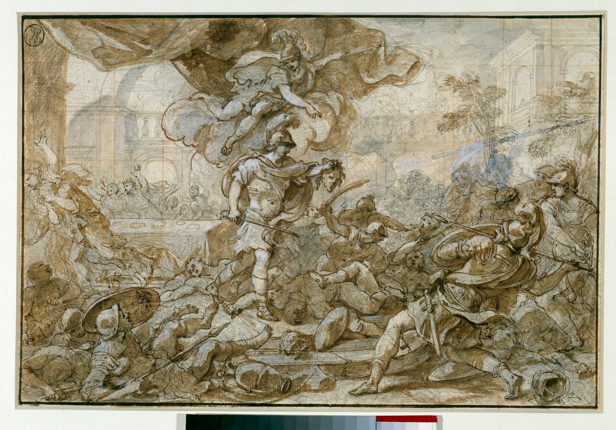 Mitologia: “” Persee arma da cabeça do Meduse transforma-se em pedra Finee e seus soldados ”” Desenho de Francesco Solimena disse l "Abbate Ciccio ou l" Abbe Ciccio de Francesco Solimena