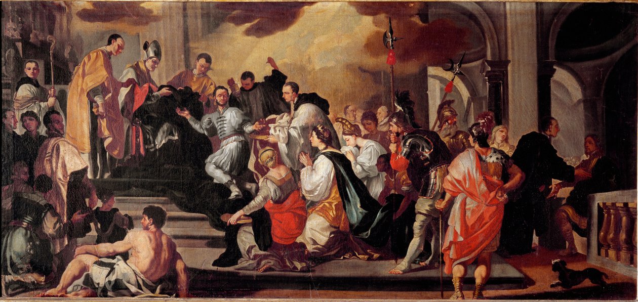 O hábito do monge do Rei Lombardo Ratchis (Ratgis) (744-749) no Mosteiro do Monte Cassin (Monte Cassin, Monte Cassino) Pintura de Francesco Solimena (1657-1747) Museo dell