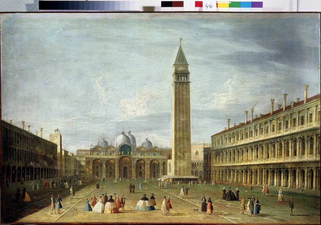 A praça de São Marcos (ou Piazzetta) em Veneza com a basílica de São Marcos e o campanário. Pintura de Francesco Tironi (1745-1797). Óleo sobre tela, 72 x 109 cm. Arte veneziana do século XVIII. Arca Museu do Estado de Francesco Tironi