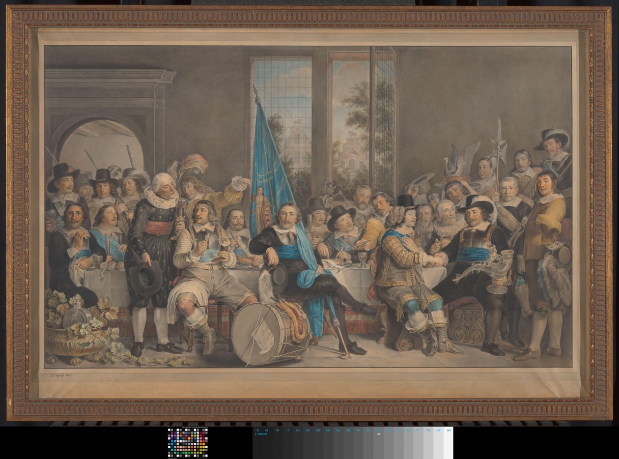 Refeição dos arqueiros no Voetboog (St. Joris) em Amesterdão, celebrando a conclusão da Paz de Munster, 18 de Junho de 1648 de Francesco Tozelli (signed by artist)