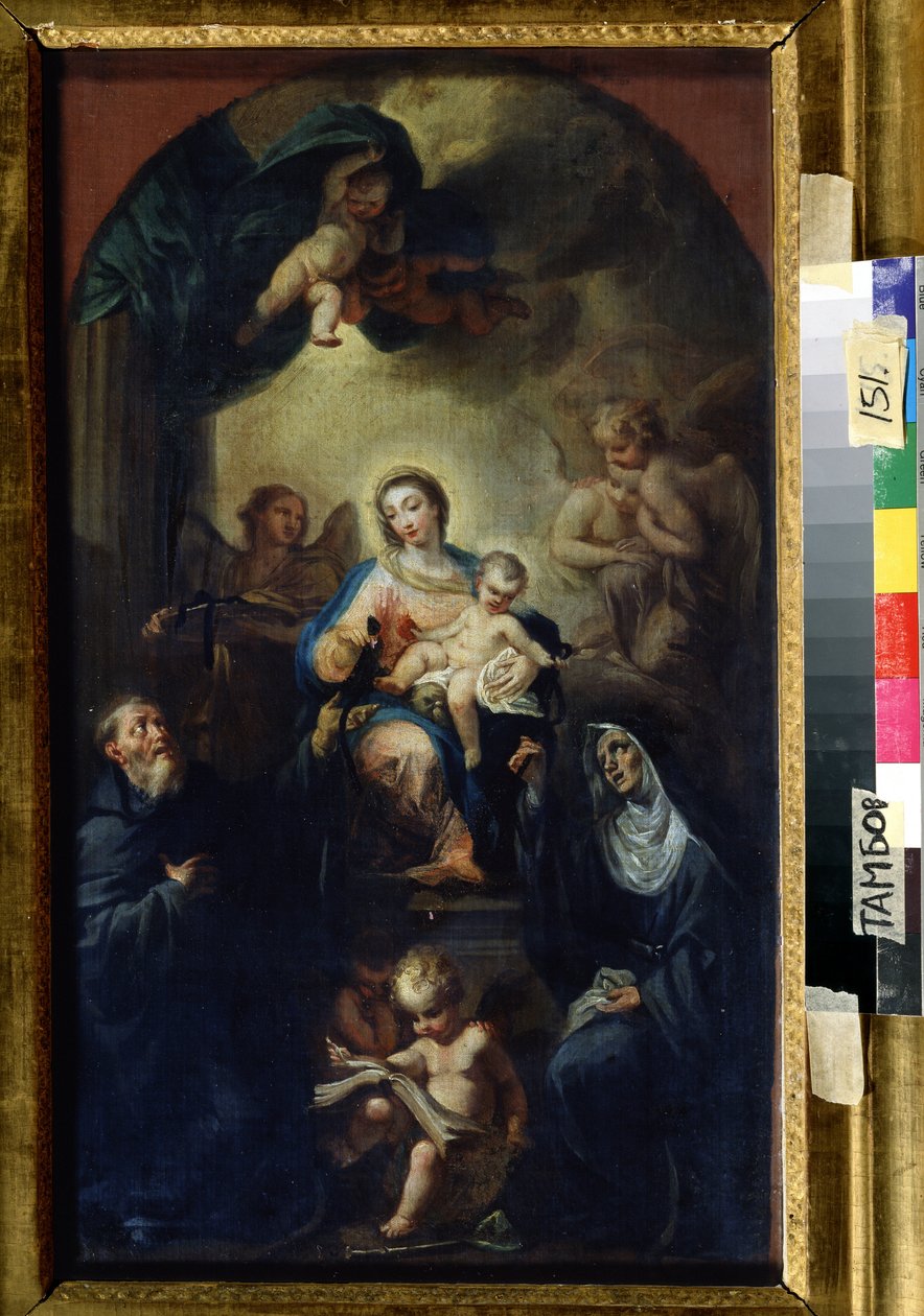A Virgem e a Criança com Santos. Pintura de Francesco Trevisani (1656-1746). Óleo sobre tela, 61,5 x 35,5 cm. Escola veneziana, arte barroca italiana. Galeria de Arte Regional, Tambov (Rússia). de Francesco Trevisani
