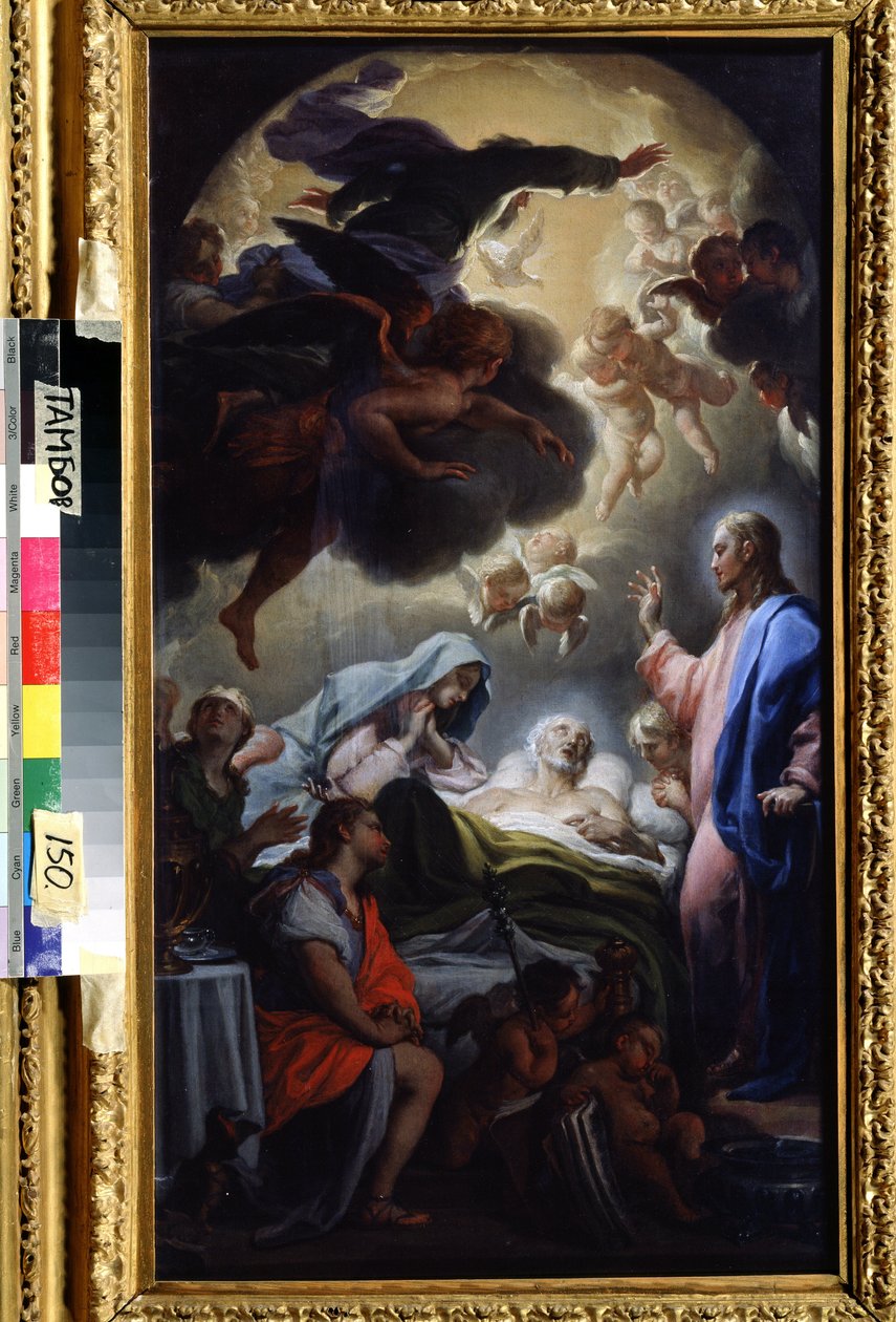 A morte de José (a morte de José). Representação da Santíssima Trindade: Jesus Cristo, Deus e a pomba do Espírito Santo (Espírito Santo). Pintura de Francesco Trevisani (1656-1746). Óleo sobre tela, 69,5 x 39,5 cm de Francesco Trevisani