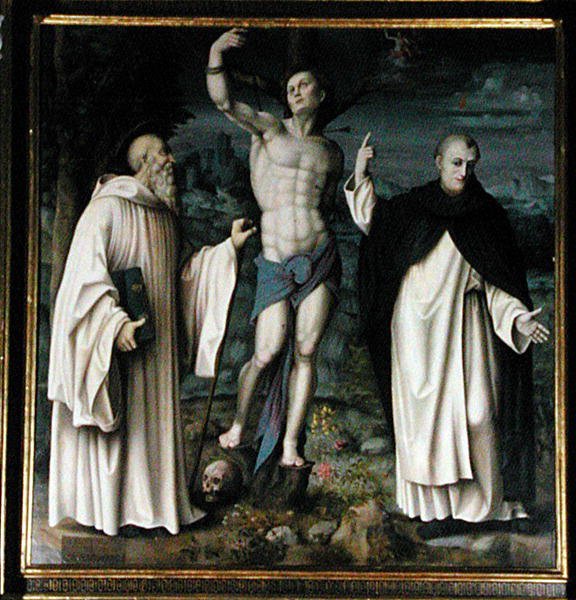 SS. Benedict, Dominic e Sebastian (óleo sobre painel) (ver também 192538 e 192540) de Francesco Ubertini Il Bacchiacca